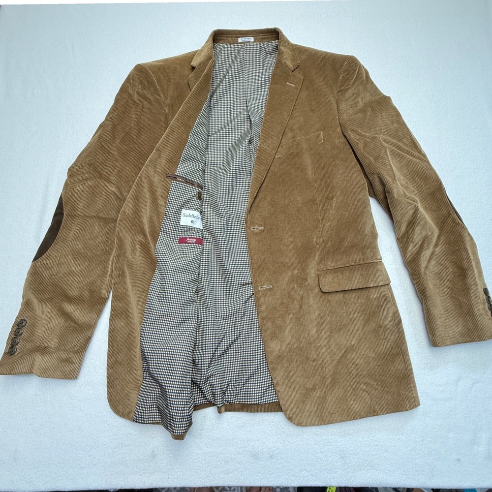 Saddlebred Heritage Tan Brown Corduroy Blazer Elbow Patches Mens 40L Sport Coat